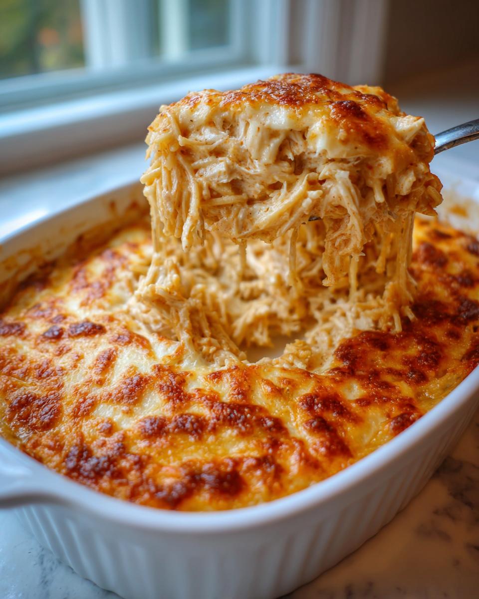 A spoonful of creamy, cheesy chicken spaghetti being lifted from a baked casserole dish.