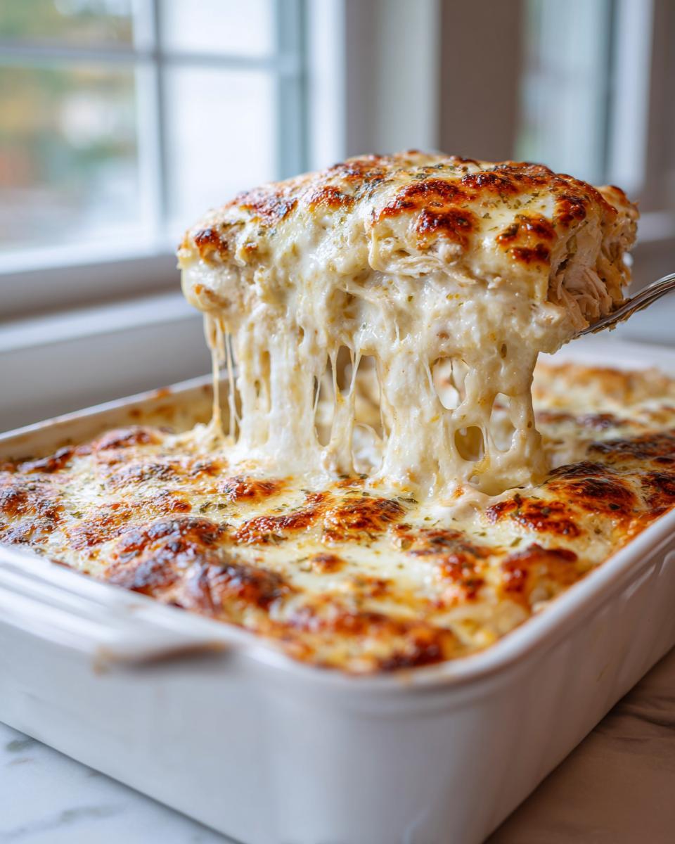 A spoonful of cheesy, creamy chicken spaghetti is lifted from a baking dish, showing long cheese pulls.