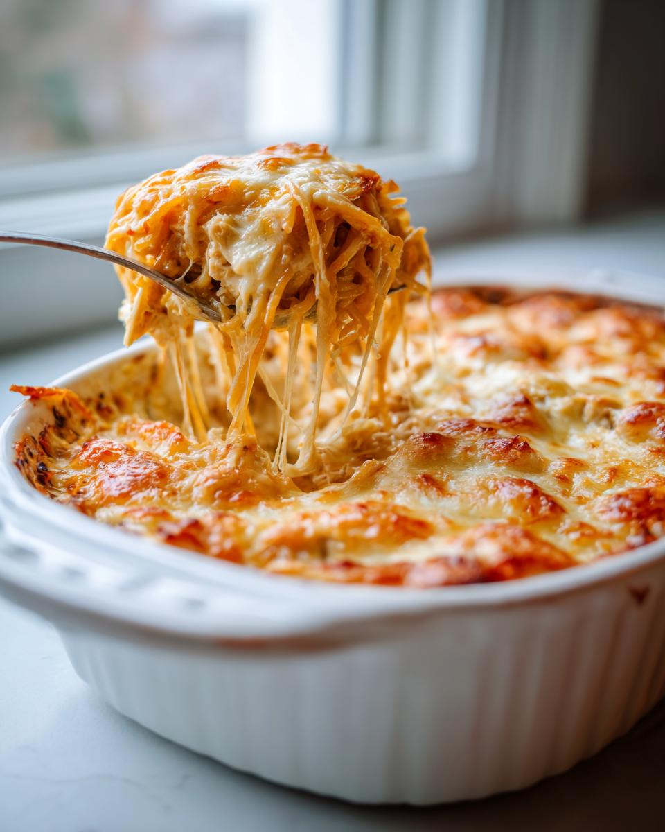 A fork lifts a cheesy, stringy portion of baked chicken spaghetti from a white casserole dish.