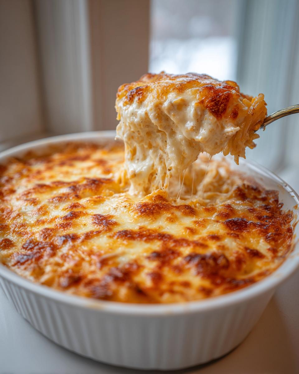A spoonful of creamy, cheesy chicken spaghetti being lifted from a baked casserole dish.