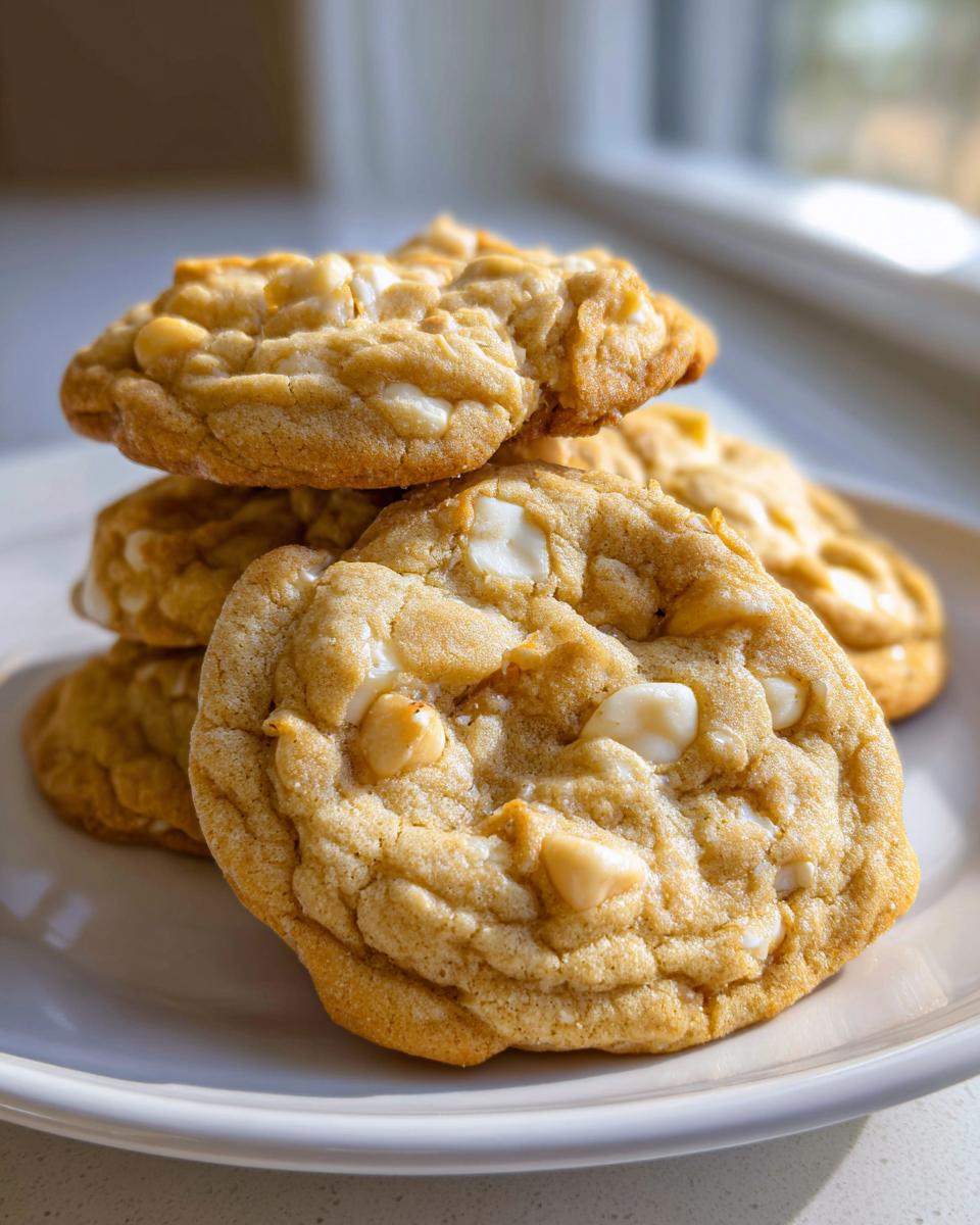 A close-up stack of freshly baked, chewy macadamia nut cookies studded with white chocolate chips.