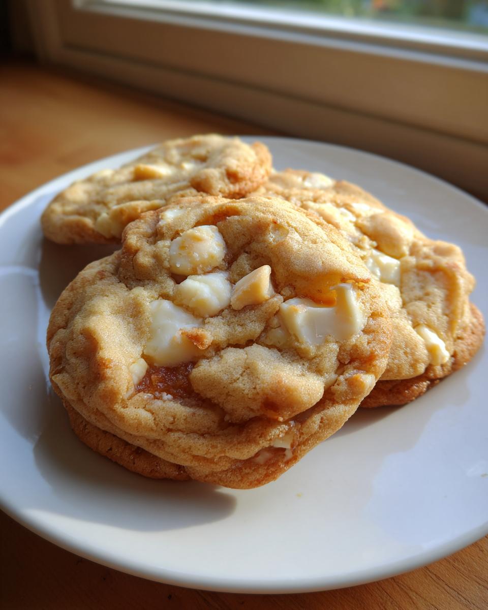 Close-up of three fresh macadamia nut cookies stacked on a white plate near a window.