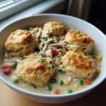 A close-up of creamy chicken and dumplings with biscuits, featuring shredded chicken and mixed vegetables.