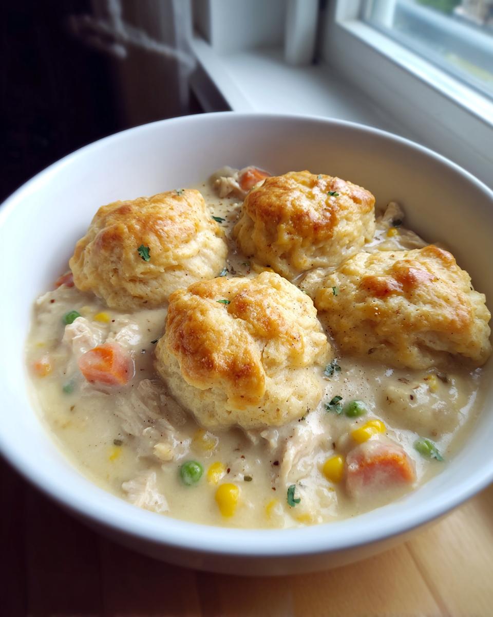 A close-up of creamy chicken and dumplings with biscuits, featuring carrots and peas, served in a white bowl.