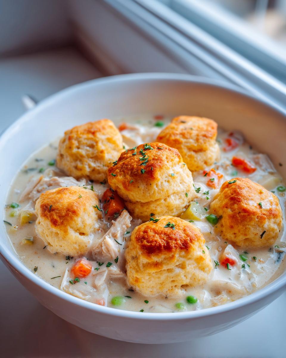 Close-up of a white bowl filled with creamy chicken and dumplings with biscuits, garnished with parsley.
