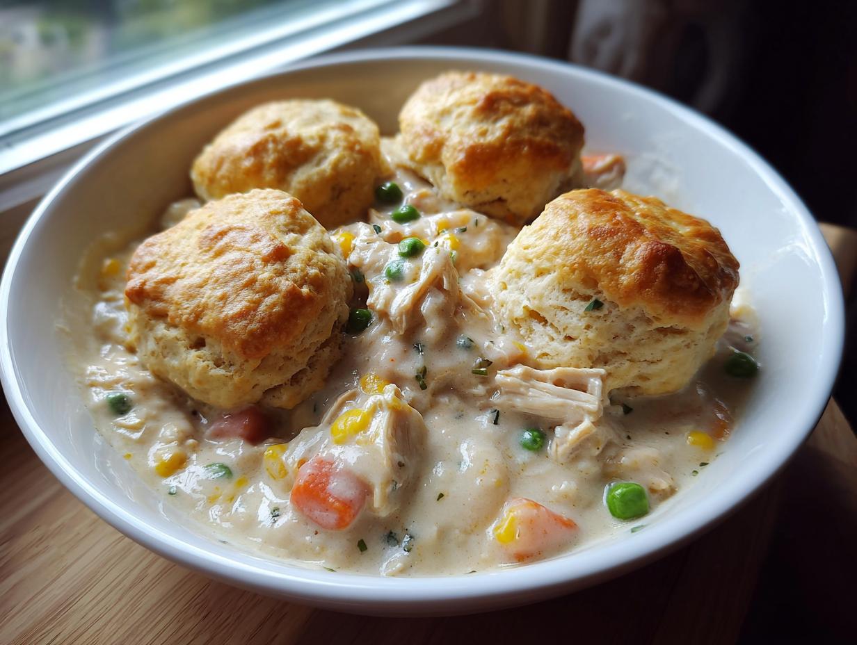 A white bowl filled with creamy chicken and dumplings with biscuits, peas, and carrots.