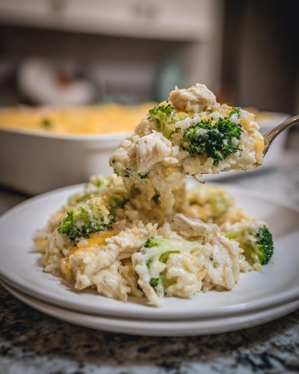 A spoonful of creamy chicken broccoli rice casserole being lifted above a plate of the same rice casserole.