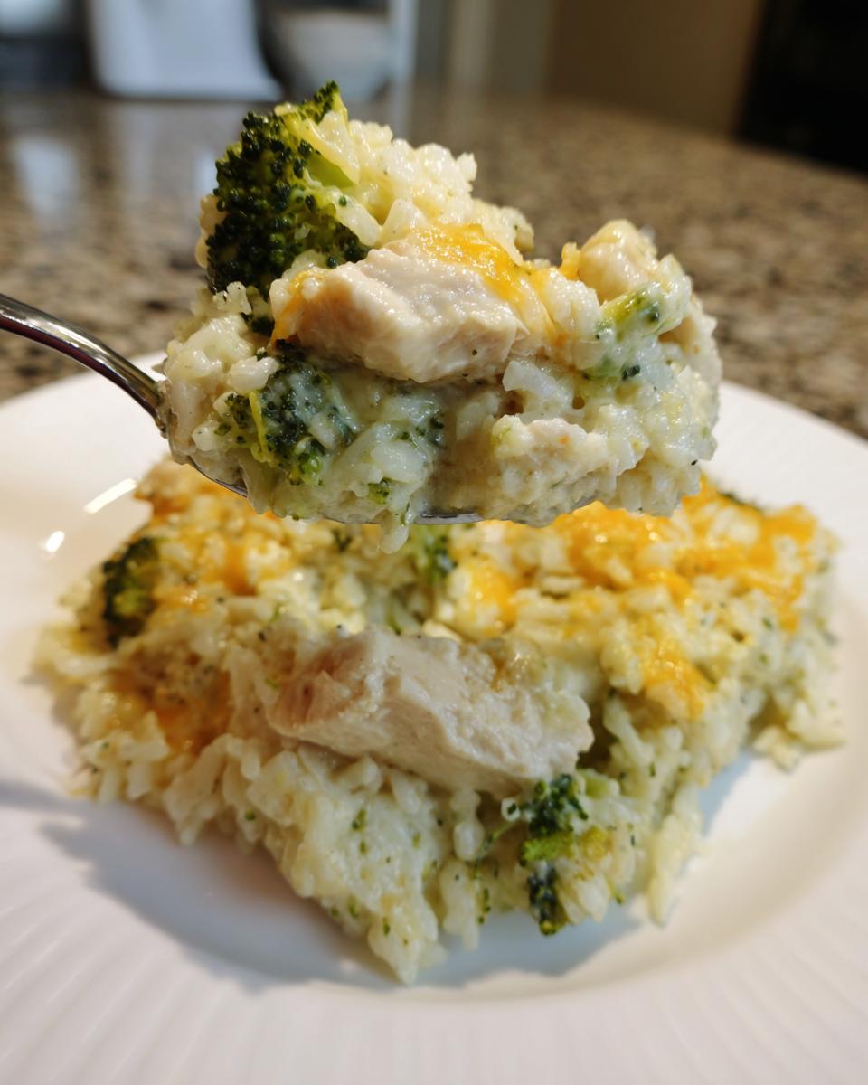 A spoonful of creamy chicken broccoli rice casserole lifted above the main portion on a white plate.