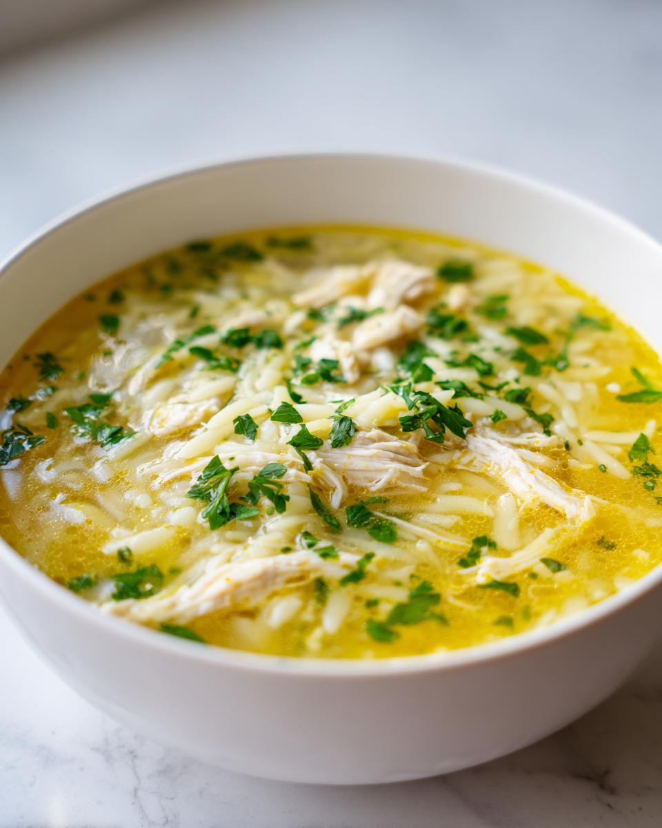 Close-up of a bowl of rich, yellow chicken orzo soup topped with shredded chicken, orzo pasta, and fresh parsley.