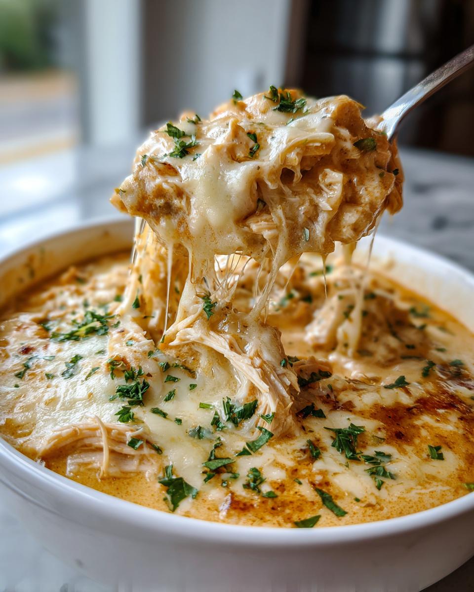 A spoonful of creamy chicken parmesan soup showing a dramatic cheese pull, topped with melted mozzarella and parsley.