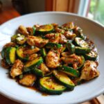 Close-up of a white bowl filled with glistening chicken zucchini stir fry coated in a savory brown sauce.