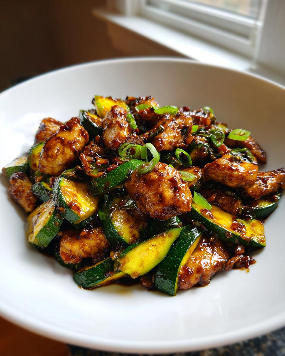 Close-up of a glossy chicken zucchini stir fry coated in dark sauce, garnished with green onions.