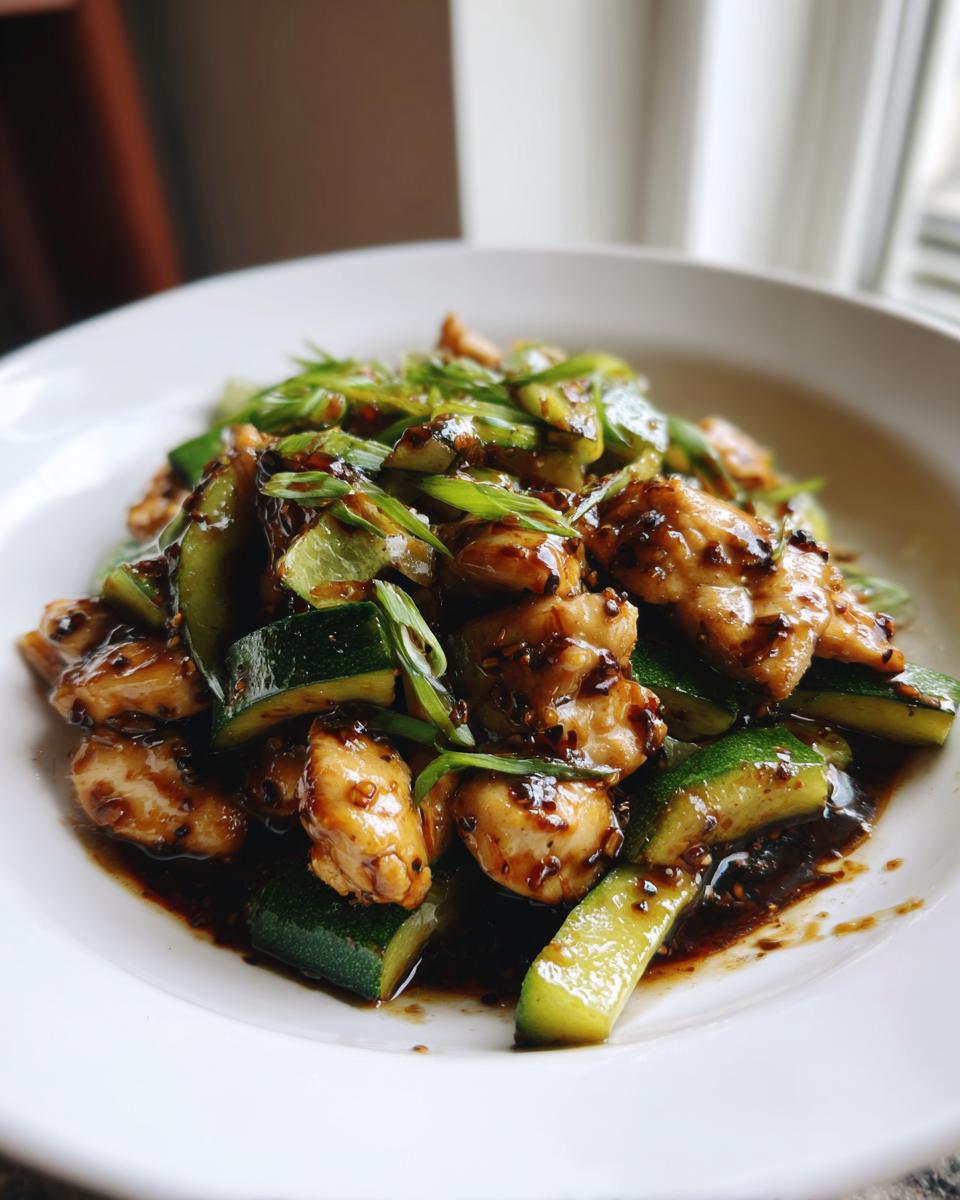 A close-up of glistening chicken zucchini stir fry coated in a dark savory sauce and topped with green onions.