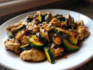 Close-up of a flavorful chicken zucchini stir fry with a glossy brown sauce served on a white plate.