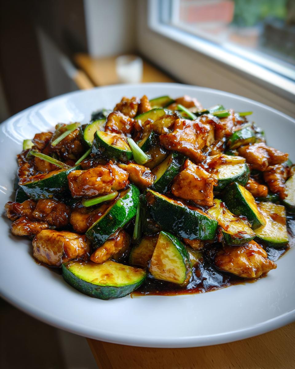 A white plate filled with glossy chicken zucchini stir fry, featuring chunks of chicken and bright green zucchini slices coated in dark sauce.