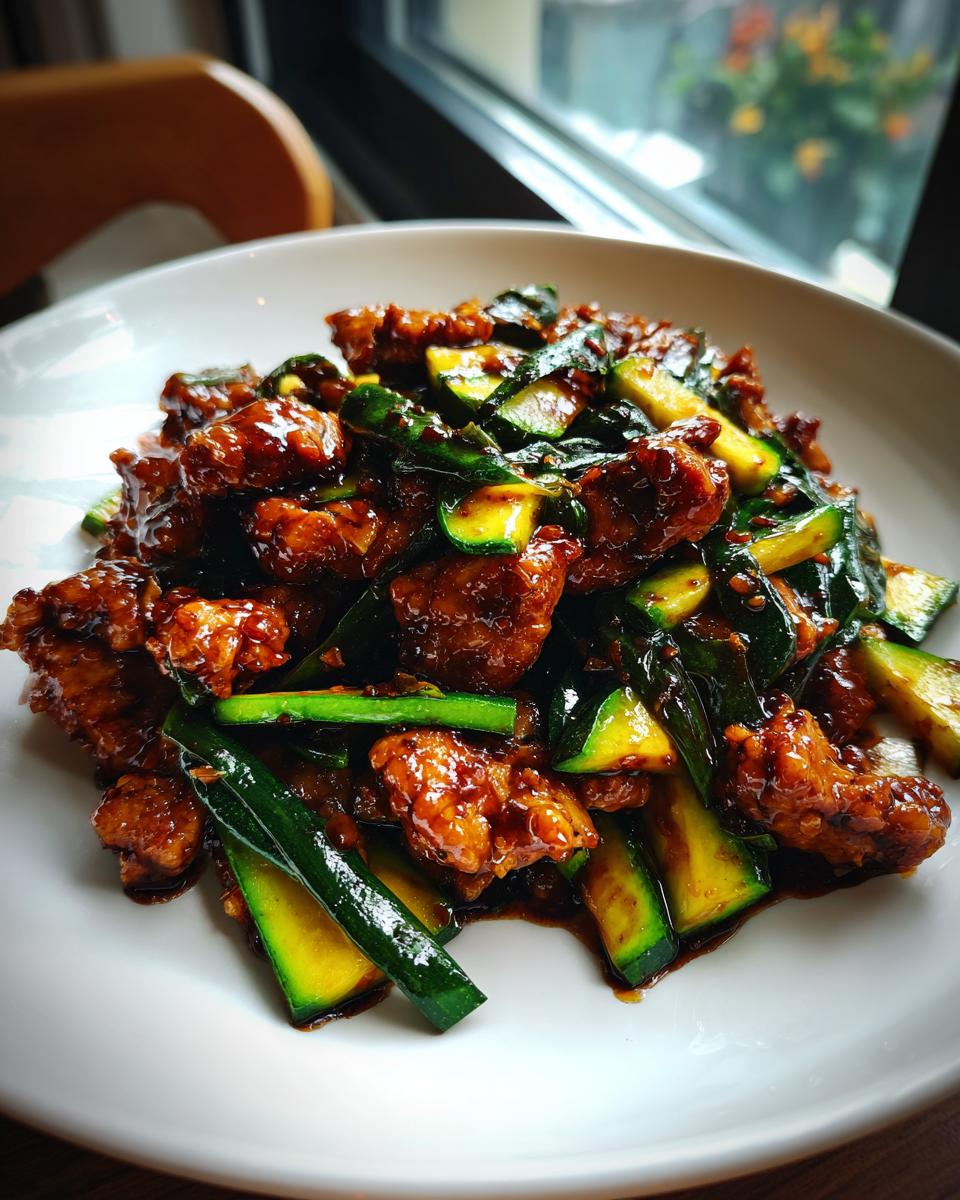 A close-up of glossy, saucy chicken zucchini stir fry served on a white plate.