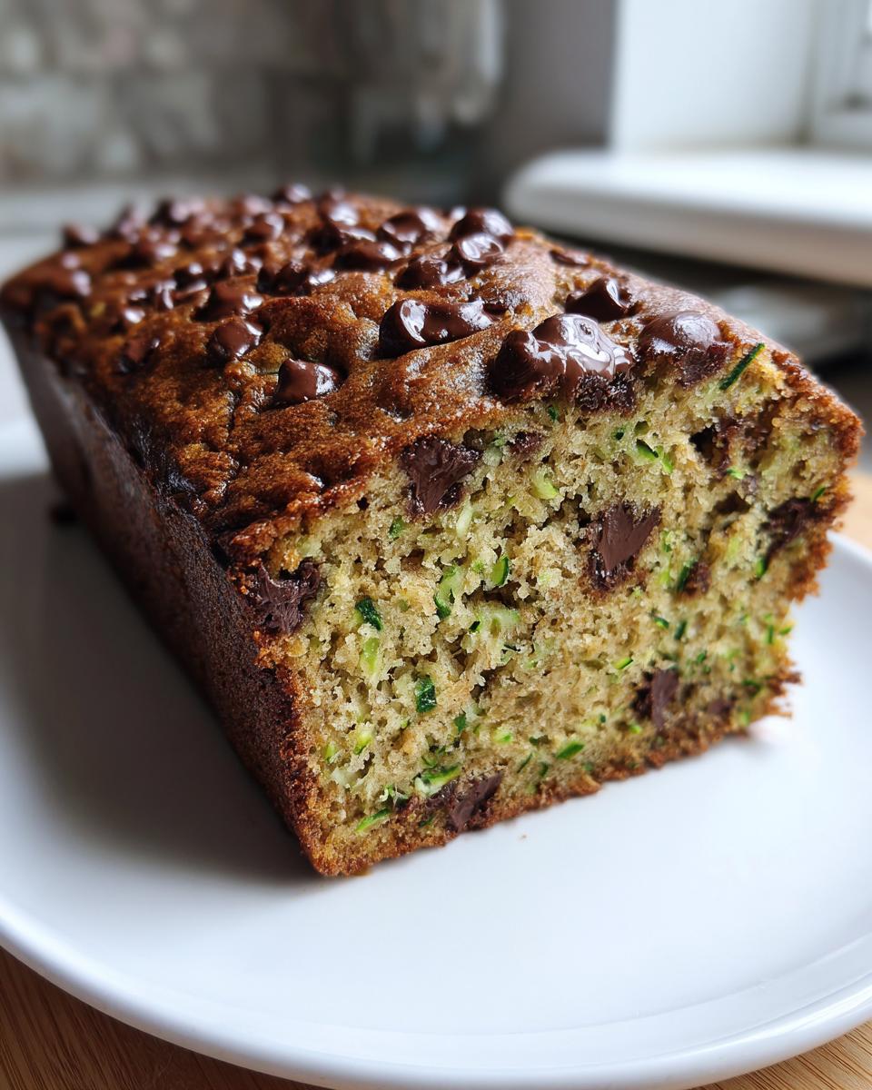 A close-up of a freshly baked chocolate chip zucchini bread loaf, showing shredded zucchini and melted chocolate chips throughout the crumb.