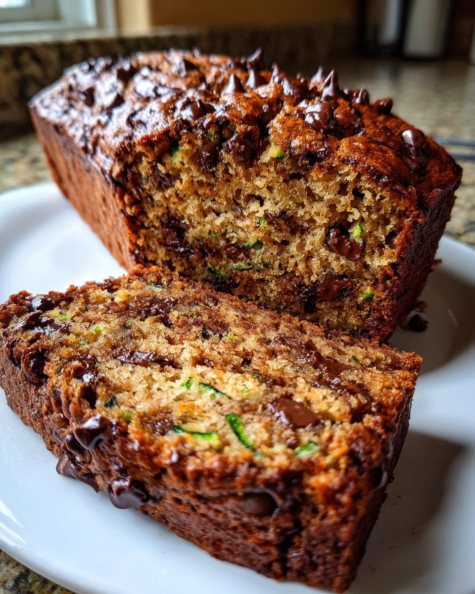 A close-up of a freshly baked chocolate chip zucchini bread loaf with one slice cut, showing moist texture and visible zucchini shreds.