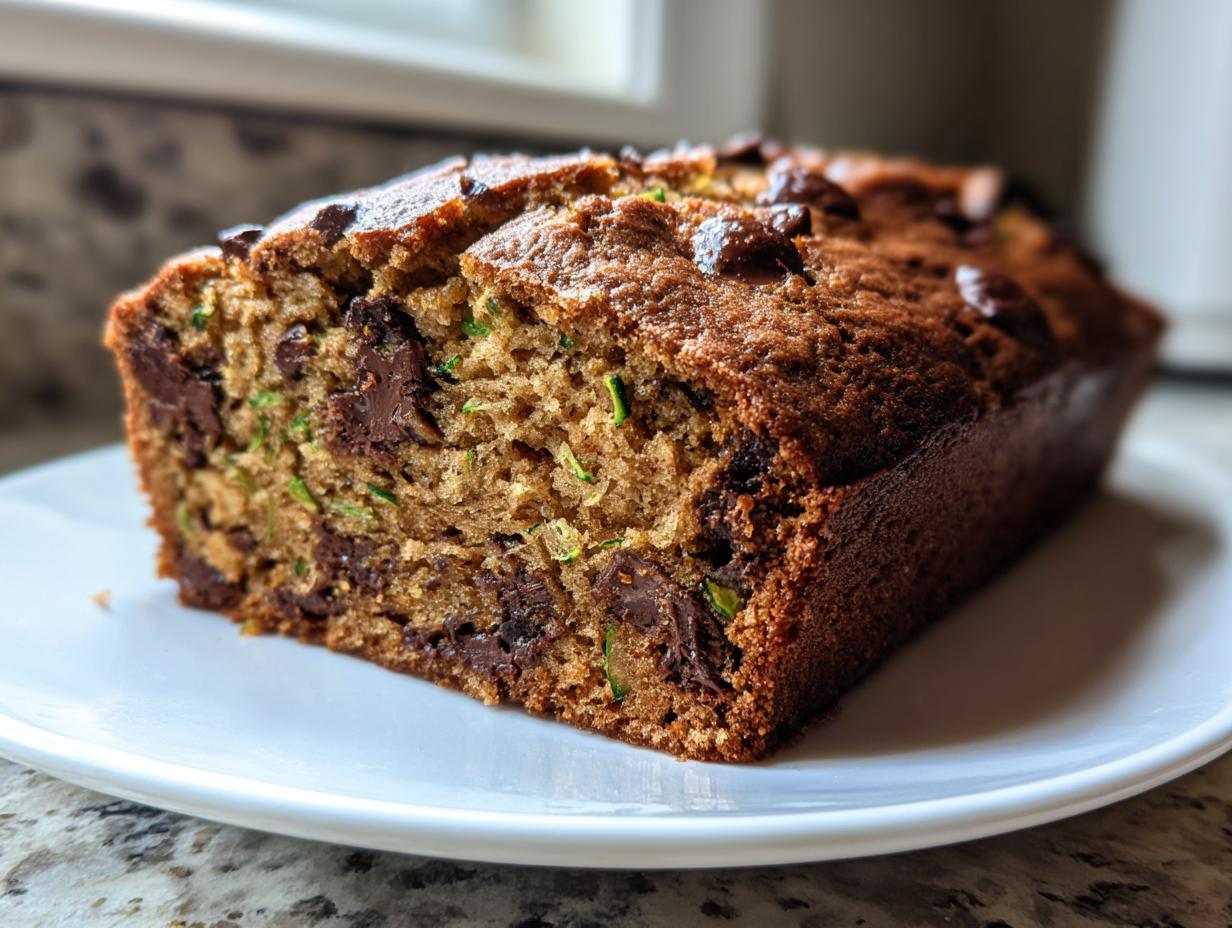 A close-up view of a freshly baked chocolate chip zucchini bread loaf showing moist crumb and melted chocolate chips.