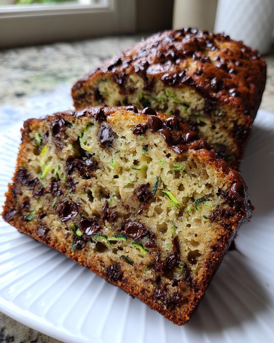 Close-up of a thick slice of moist chocolate chip zucchini bread showing shredded zucchini and melted chocolate chips.