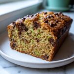 Close-up of a moist slice of chocolate chip zucchini bread showing green zucchini shreds and melted chocolate chunks.
