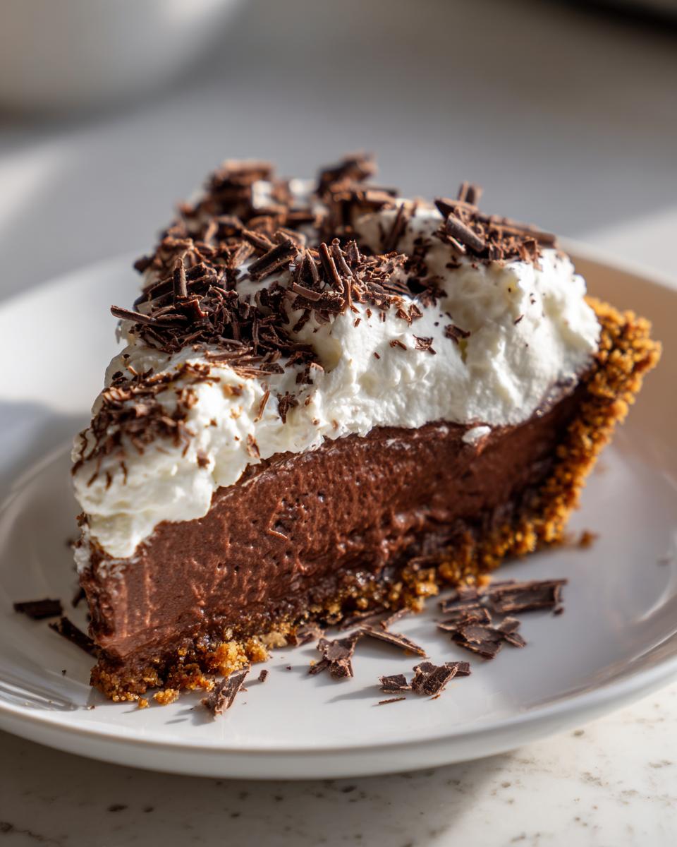 A decadent slice of chocolate cream pie featuring a thick chocolate filling, whipped cream topping, and chocolate shavings.
