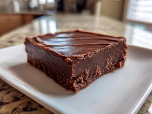 A thick, decadent square slice of chocolate peanut butter fudge served on a white plate.