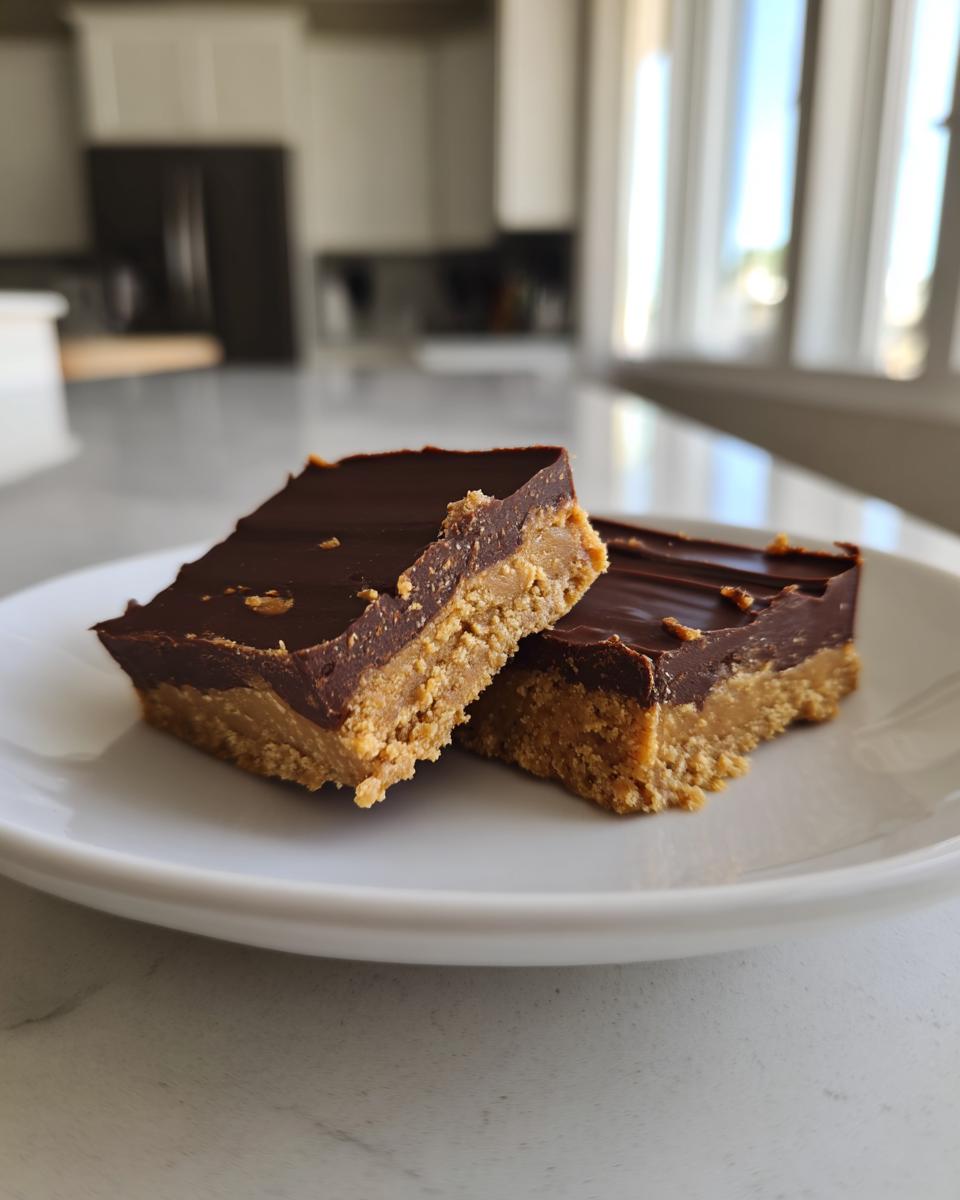 Two rich squares of chocolate peanut butter fudge with a thick peanut butter layer and chocolate topping.