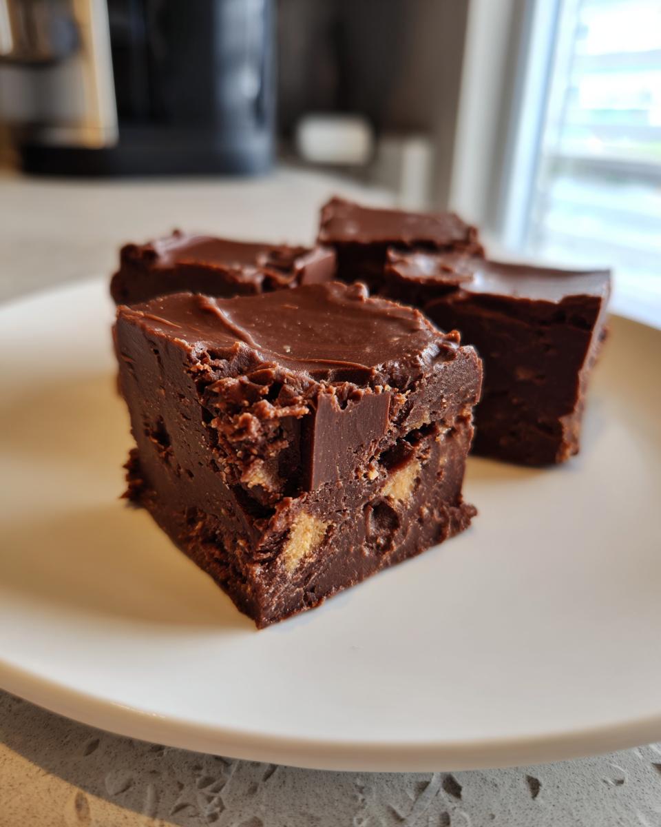 A close-up of rich, dark chocolate peanut butter fudge squares served on a white plate.