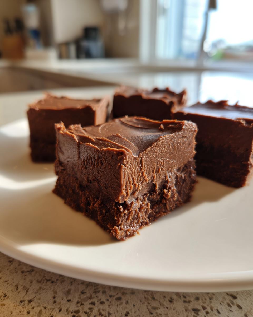 Four squares of rich, dark chocolate peanut butter fudge resting on a white plate in natural light.