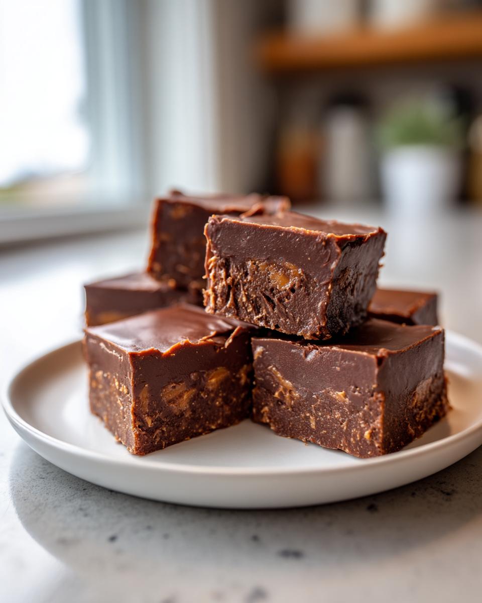 A stack of homemade chocolate peanut butter fudge squares with visible peanut butter chunks on a white plate.