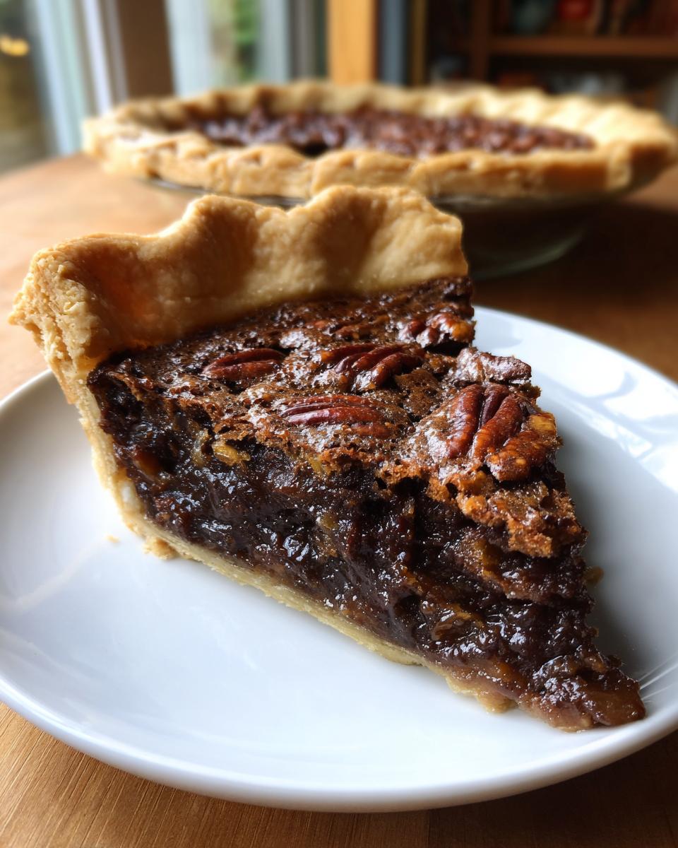 A close-up slice of rich chocolate pecan pie with a flaky crust on a white plate.
