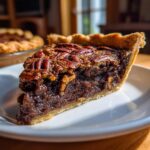 A close-up shot of a rich, dark slice of chocolate pecan pie on a white plate.