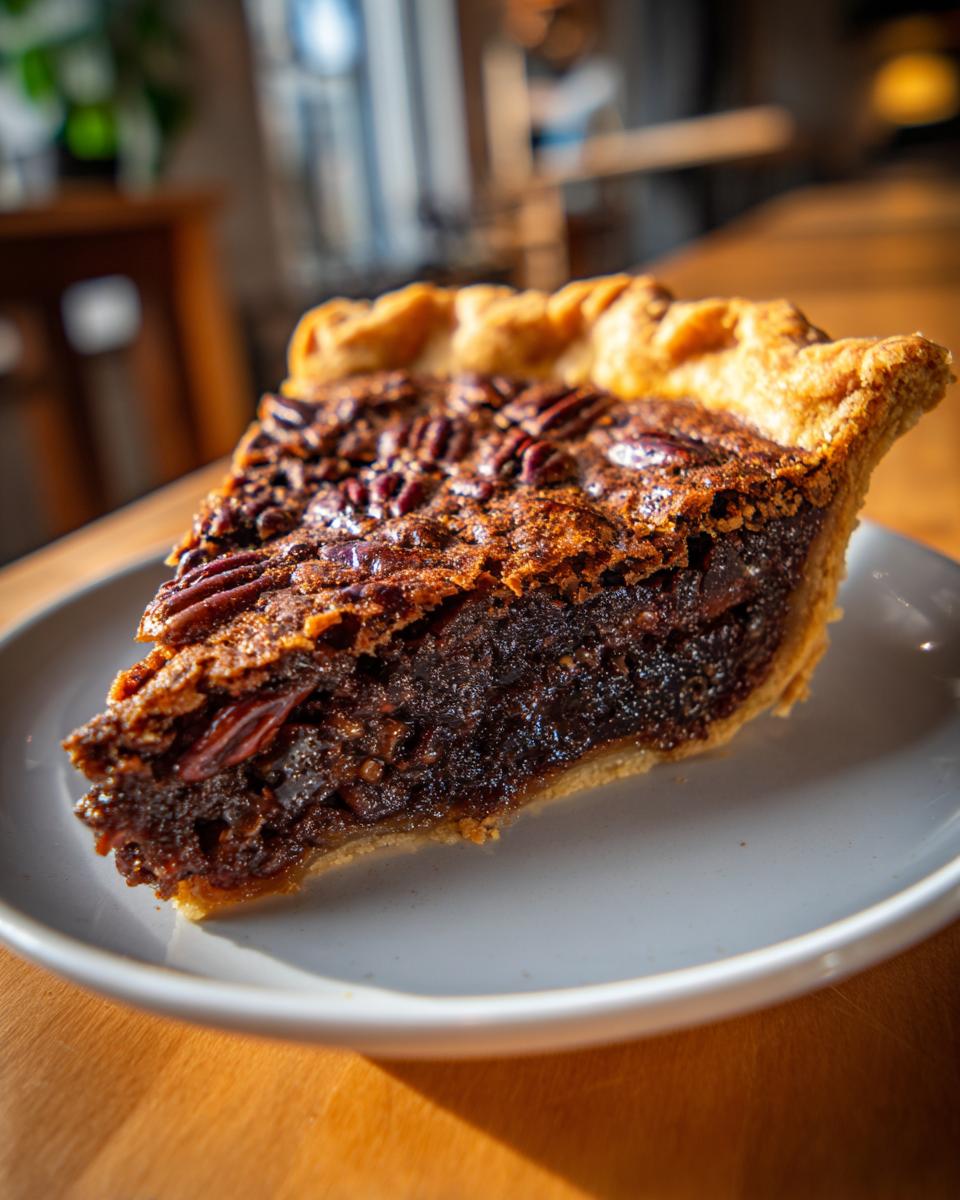 Close-up of a decadent slice of chocolate pecan pie showing the gooey filling and pecan topping.