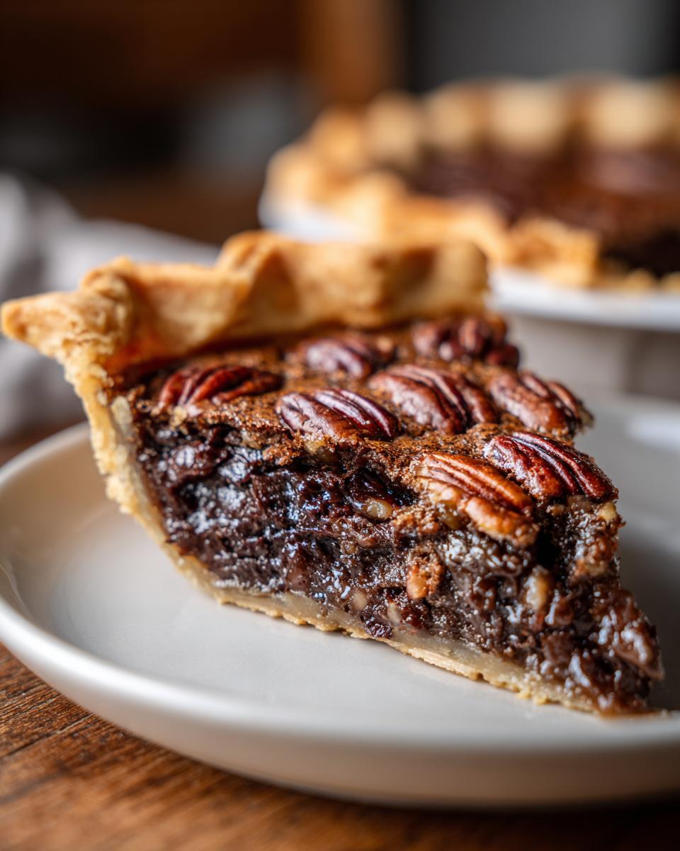 A close-up view of a rich, gooey slice of chocolate pecan pie with whole pecans on top.