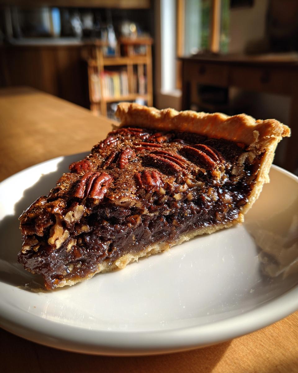 A thick slice of rich chocolate pecan pie with a flaky crust, sitting on a white plate.