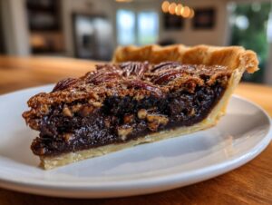 A close-up slice of rich chocolate pecan pie with a flaky crust on a white plate.