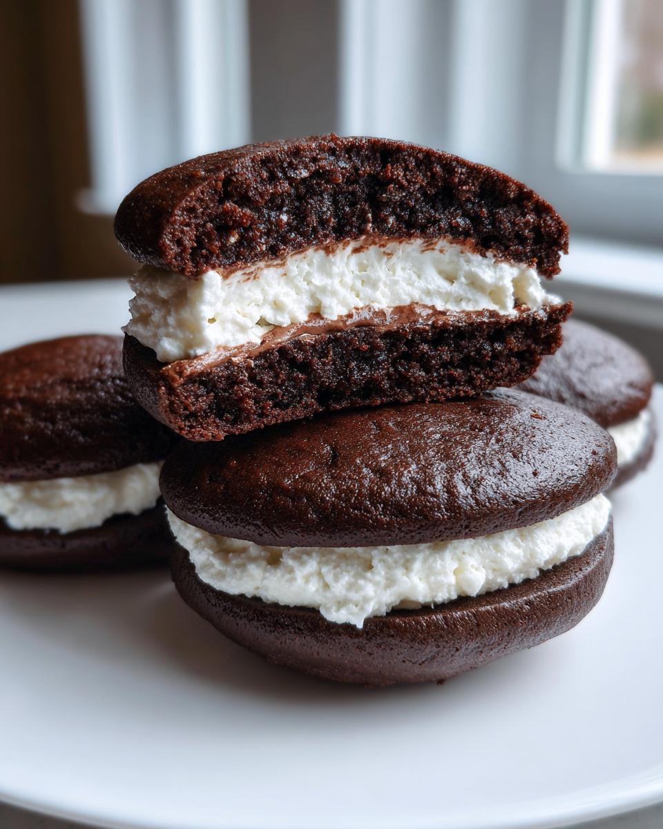 A stack of rich chocolate whoopie pies filled with fluffy white cream filling, one cut in half showing the texture.