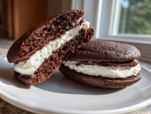 Two decadent chocolate whoopie pies filled with thick white cream, one cut in half, sitting on a white plate.