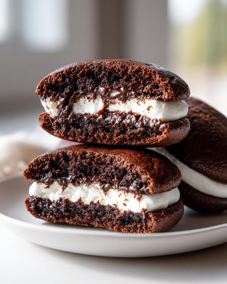 Close-up of two stacked chocolate whoopie pies cut in half showing fluffy white filling and melted chocolate.