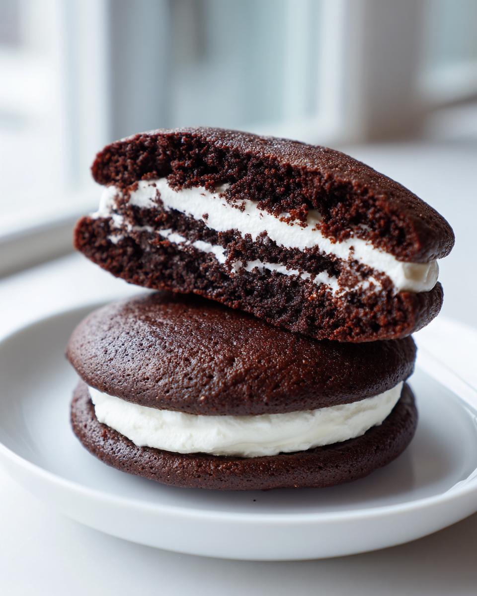 Close-up of two rich chocolate whoopie pies stacked, one cut in half showing fluffy white cream filling.