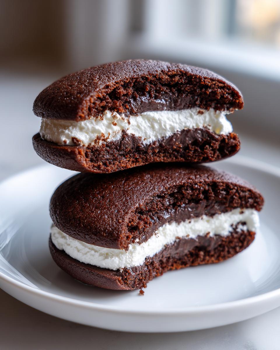 Two stacked chocolate whoopie pies, cut in half to show the fluffy white cream and dark chocolate filling.