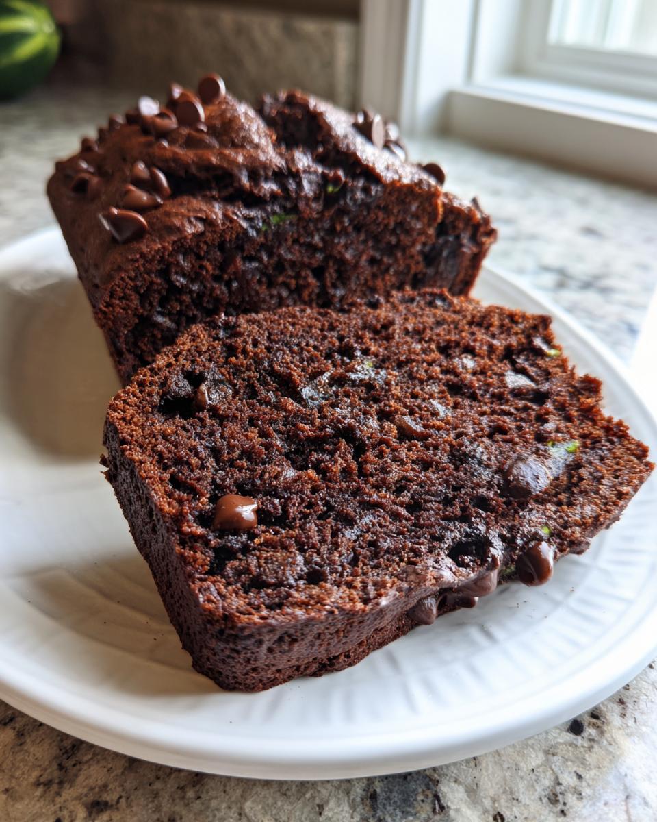A close-up of rich, dark chocolate zucchini bread, sliced to show the moist crumb and chocolate chips.