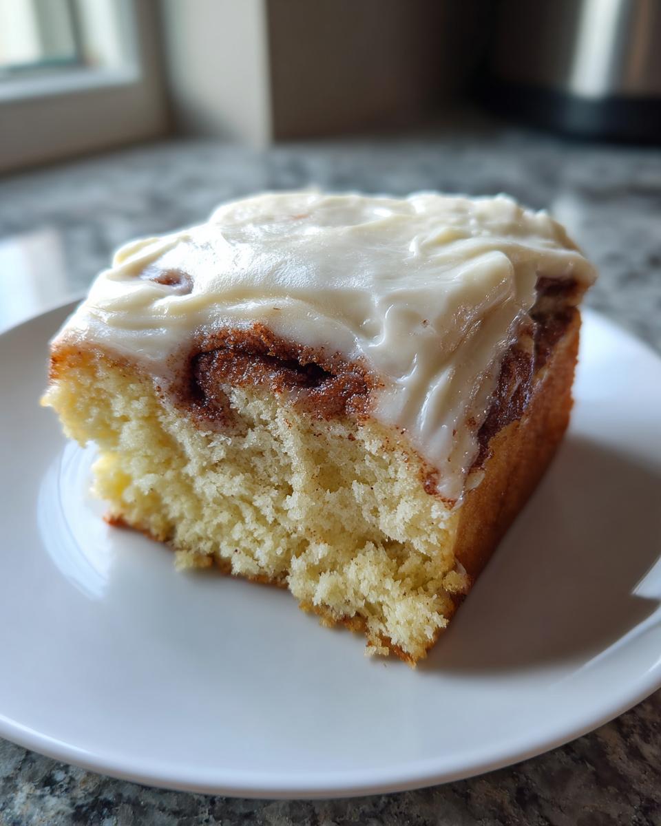 A square slice of moist cinnamon roll cake with a thick layer of cream cheese frosting.