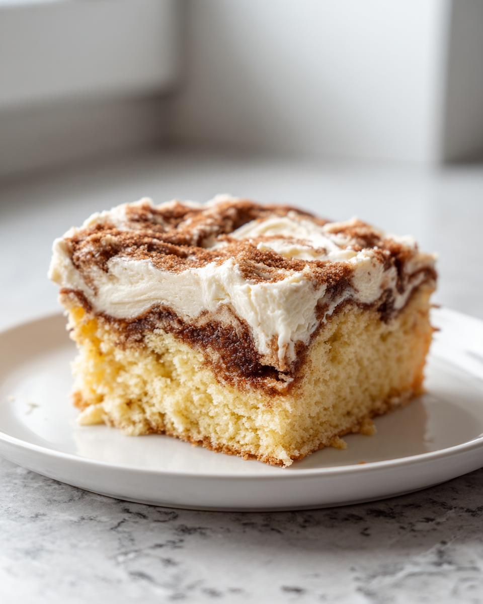 Close-up of a square slice of cinnamon roll cake with thick cream cheese frosting and cinnamon swirl.