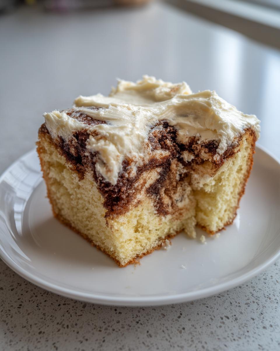 A square slice of moist cinnamon roll cake with rich cinnamon swirls and thick cream cheese frosting on a white plate.