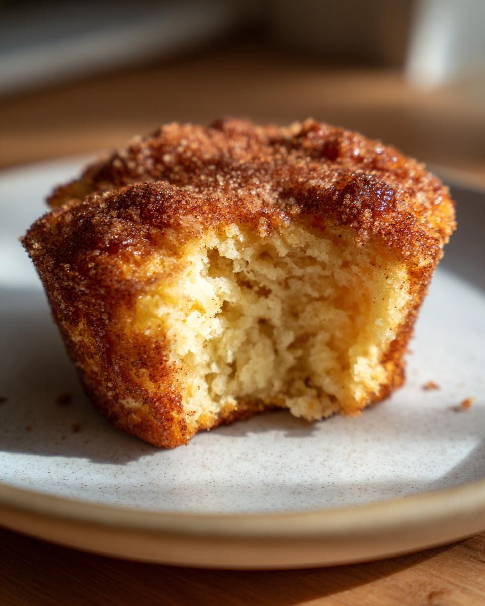 A close-up of a french toast muffins with a bite taken out, showing the fluffy interior and cinnamon sugar topping.