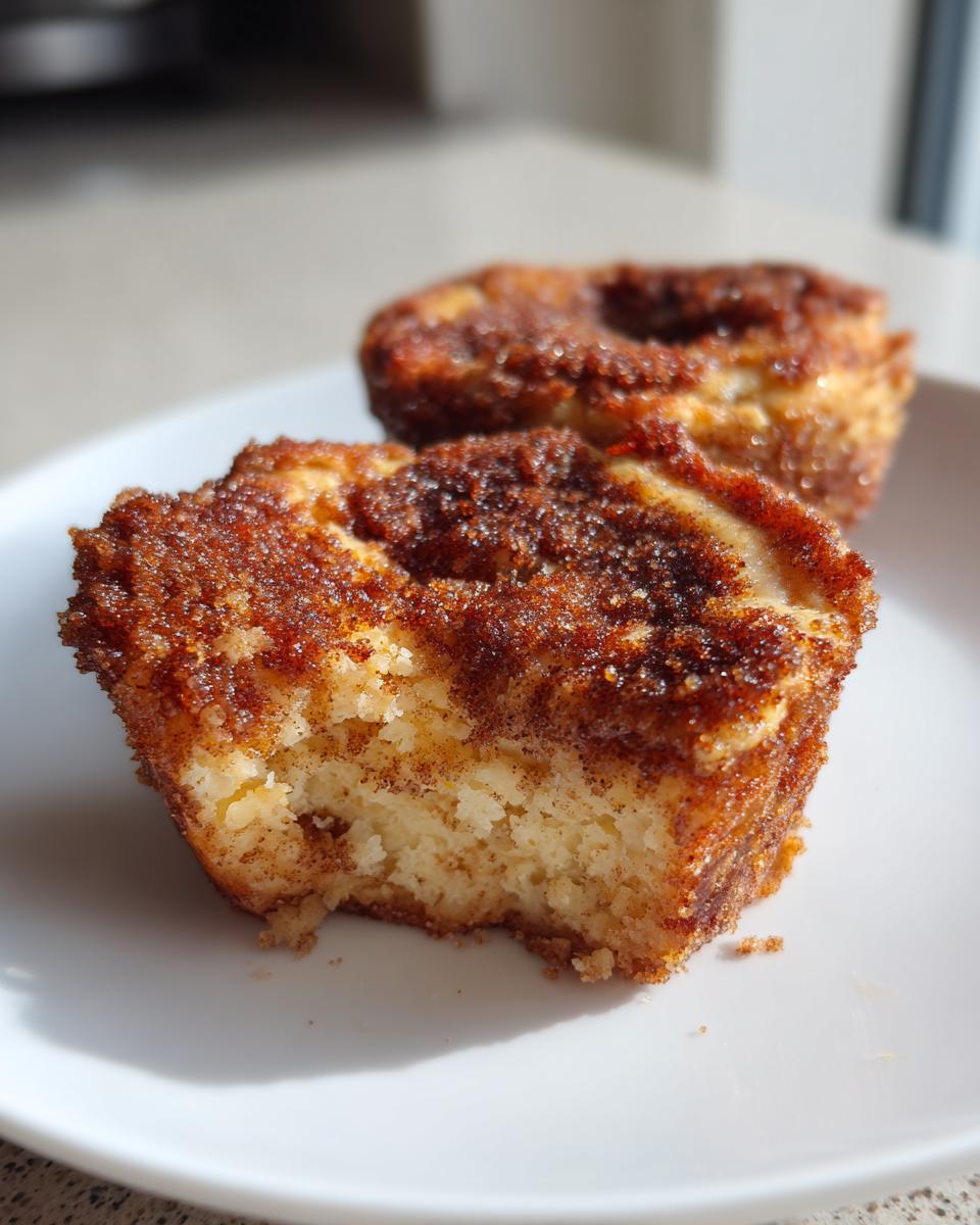 A close-up of a french toast muffins with a bite taken out, showing the fluffy interior and cinnamon sugar topping.