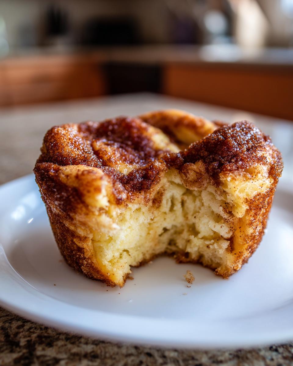 A close-up of a single french toast muffins with a bite taken out, showing the soft interior and cinnamon sugar topping.