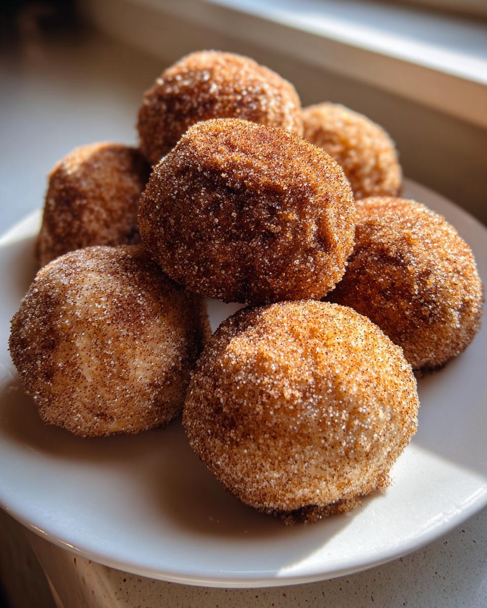 A pile of freshly made cinnamon sugar snowball cookies coated heavily in sparkling cinnamon sugar mixture.